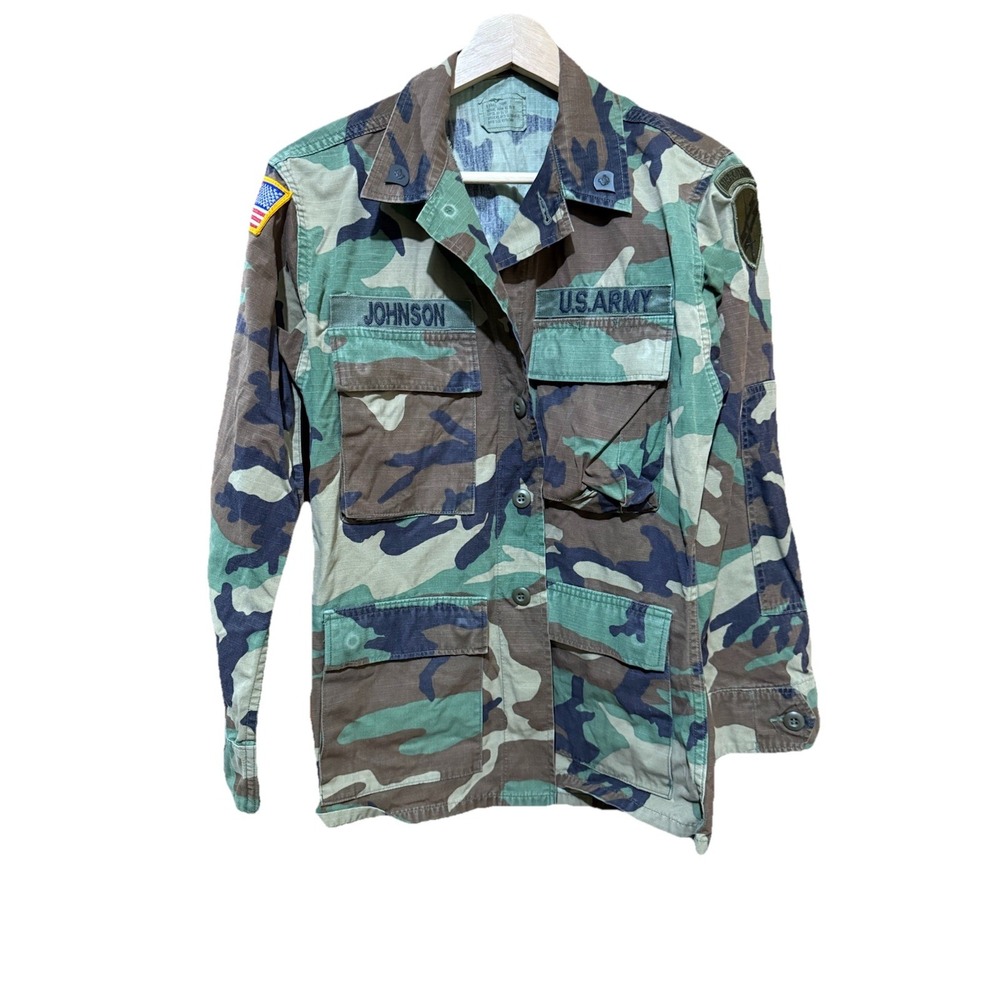 US Army Woodland Camo‎ Shirt Flag Airborne Size XS EUC